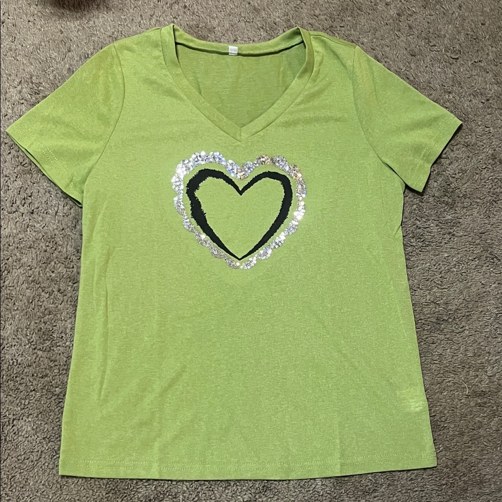NWOT Green V-Neck T-Shirt with Heart Design